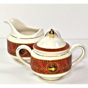 gund john grossman christmas creamer and sugar bowl‎ set ceramic 2008 red gold
